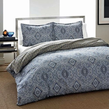 3-Piece Cotton Comforter Set with Blue Grey Damask Pattern